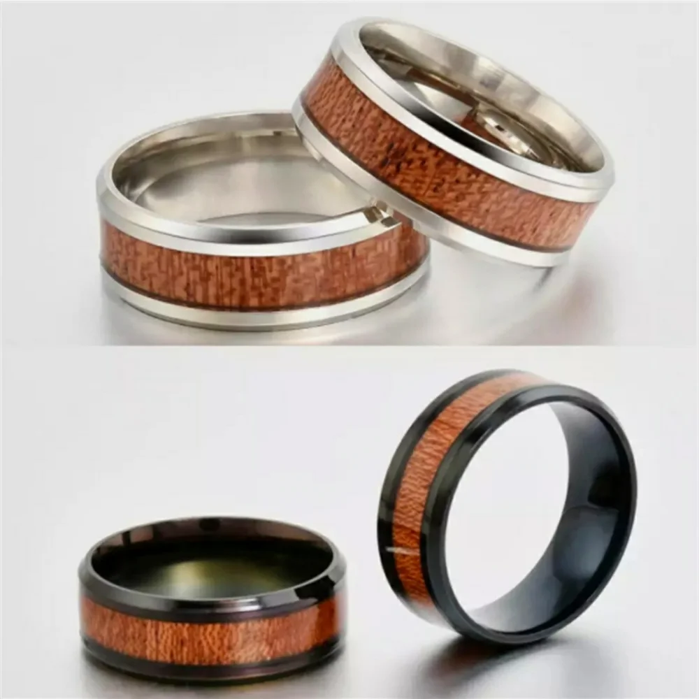 Black Tungsten Wood Inlay 8mm Wide Bevel Edge Band Ring